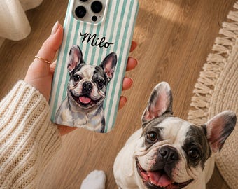 Custom French Bulldog Phone Case, Personalized Pet Portrait Cover, Striped Frenchie Dog Case