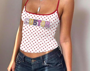 Camiseta sin mangas de lunares personalizada estilo Y2K, linda camiseta de tirantes finos, atuendo retro de verano, top estético personalizado
