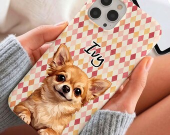 Pink Diamond Dog Phone Case, Cute Puppy Plaid Cover, Aesthetic Pet Lover Gift