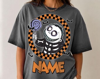 Personalized Barrel Gradient Washed Oversize T-Shirt, Vintage Checkered Board Nightmare Before Christmas Shirt, Disney Halloween Shirt