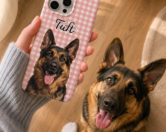 Custom German Shepherd Phone Case, Personalized Pet Portrait Cover, Pink Gingham Dog Case