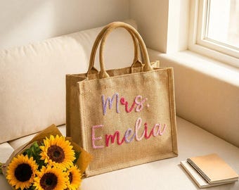 Personalized Burlap Tote Bag for Teacher, Custom Crochet Name Jute Bag, Back to School Tote Bag