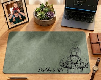 Dad Holding Son Leather Desk Mat, Personalized Father’s Day Mouse Pad, Custom Dad Office Desk Gift