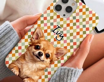 Custom Puppy Phone Case, Vintage Diamond Plaid Dog Cover, Aesthetic Pet Lover Gift