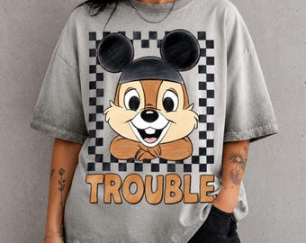 Chip N Dale Double Trouble Checkereded Gradient Washed Oversize T-Shirt, Retro Chipmunk Graphic Top, Disney Vacation Shirt