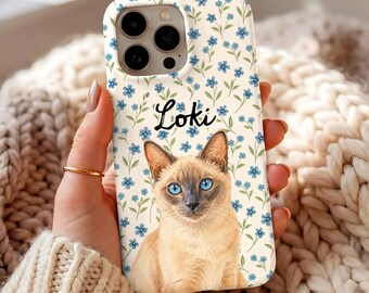 Custom Name Siamese Cat Phone Case, Personalized Cat Portrait Case with Small Blue Wildflower Pattern, Cute Aesthetic Gift for Cat Lover