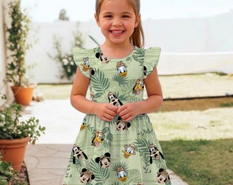 Mickey Minnie Pluto Donald Daisy Big Face Animal Tree Ruffle Dress, Disney Safari Mode Dress, Disney Vacation 2026