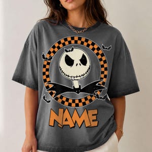 Custom Name Jack Skellington Gradient Washed Oversize Shirt, Vintage Checkered Board Nightmare Before Christmas Shirt, Disney Halloween 2026 image 6