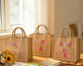 Cute Teacher Burlap Tote Bag, Custom Name Jute Bag, Teacher Appreciation Week Gift
