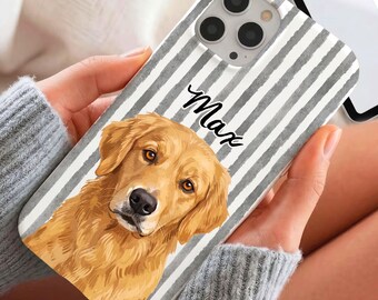 Custom Photo Your Dog And Cat Stripe Line Case, Custom Name Dog Portrait Cover, Cute Aesthetic Gift