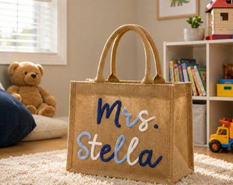 Teacher Tote Bag Personalized, Burlap Jute Bag Custom Crochet Name, Teacher Gift