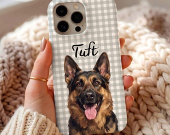 Personalized German Shepherd Dog Portrait Phone Case, Gingham Puppy Cover