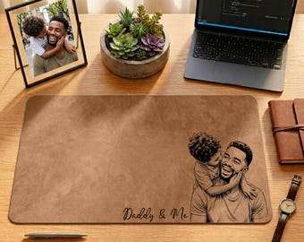 Father Carrying His Son Leather Desk Mat, Custom Dad Office Desk, Father’s Day Gift