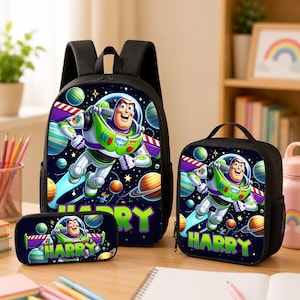 May include: A black backpack, lunch bag, and pencil case set featuring a graphic of Buzz Lightyear from Toy Story flying through space with planets and stars. Each item displays the name HARRY in large, bright green, bold, block letters.