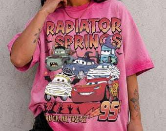 Radiator Springs Halloween Gradient Washed Oversize T-Shirt, Truck or Treat Cars Movie Tee, Disney Halloween Shirt