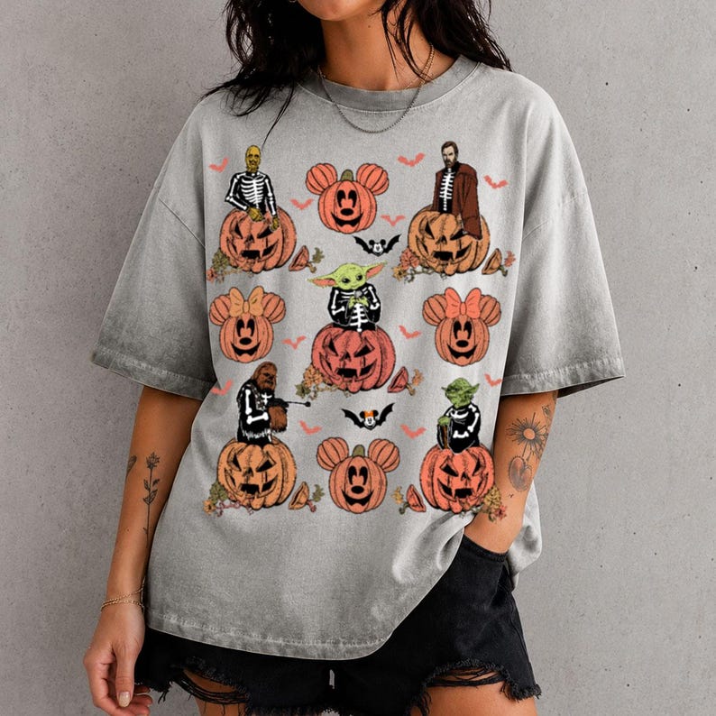 Star Wars Halloween Gradient Washed Oversize T-Shirt, Grogu Pumpkin Tee, Disney Vacation Halloween Shirt image 2