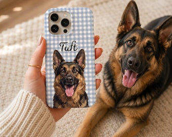Custom German Shepherd Phone Case, Personalized Pet Portrait Cover, Gingham Dog Case