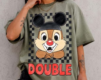 Chip N Dale Gradient Washed Oversize T-Shirt, Double Trouble Checkered Tee, Disney Vacation Shirt