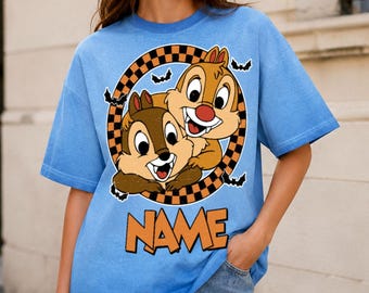 Custom Name Chip and Dale Halloween Gradient Washed Oversize T-Shirt, Vintage Checkered Board Disney Shirt, Disney Halloween Shirt