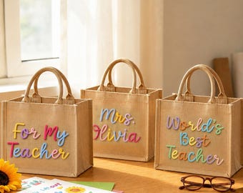 Custom Name Teacher Burlap Crochet Tote Bag, Personalized Crochet Jute Bag, Teacher Appreciation Gift