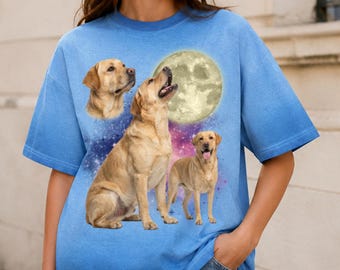 Custom Photo Three Labrador Moon Gradient Washed Oversize T-Shirt, Vintage Washed Yellow Lab Tee, Funny Dog Lover Gift