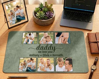 Daddy We Love You Custom With Kid Name Leather Desk Mat, Personalized Photo Mousepad, Fathers Day Gift from Kids, Dad Birthday Gift