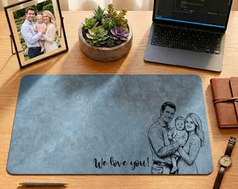 Parents Holding Child Leather Desk Mat, Personalized Family Mouse Pad, Custom Mom Dad Office Desk Gift