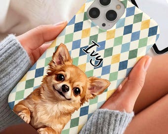 Blue Green Harlequin Dog Phone Case, Personalized Puppy Cover, Cute Aesthetic Gift