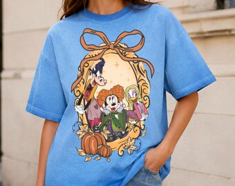 Minnie Daisy Duck Clarabelle Cow Hocus Pocus Coquette Bow Gradient Washed Oversize Shirt, Cute Sanderson Sisters Tee, Disney Halloween Shirt