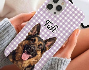Aesthetic Dog Cat Gingham Phone Case, Personalized Purple Caro Dog Cover, Cute Puppy Lover Present