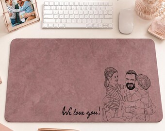 Custom Father Daughter Hug Brown Mouse Pad, Personalized Leather Mouse Pad, Meaningful Father's Gift