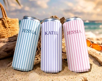Custom Name Striped Can Cooler, Preppy Beach Vacation Favors, Personalized Slim Drink Sleeve