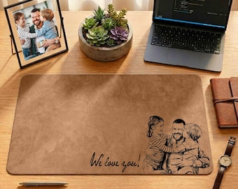 Dad Son Daughter Leather Desk Mat, Personalized Family Mouse Pad, Custom Father’s Day Gift