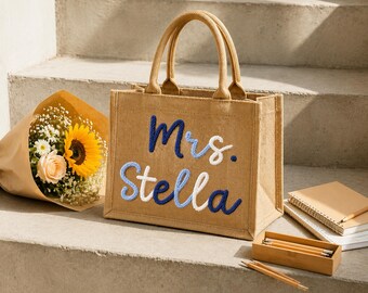 Burlap Teacher Bag Custom Name, Crochet Letters Tote Bag, Teacher Gift
