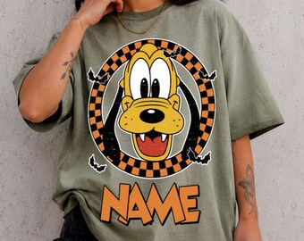 Personalized Name Black Pluto Gradient Washed Oversize T-Shirt, Vintage Checkered Board Disney Shirt, Disney Halloween Shirt