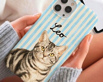 Personalized Grey Tabby Phone Case, Blue Striped Custom Pet Name Cover, Cute Aesthetic Gift