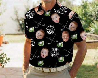 Black Color Best Dad By Par Polo Shirt, Personalized Short Sleeve Golf Lover Shirt, Dad Birthday, Custom Kid Face Photo Portrait