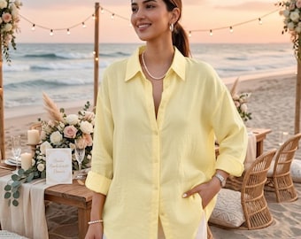 Yellow Linen Cotton Oversized Shirt, Relaxed Fit Fishtail Hem Blouse, Minimalist Loose Top