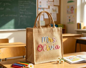 Custom Crochet Lettering Burlap Bag, Personalized Teacher Tote, Teacher Gift Idea