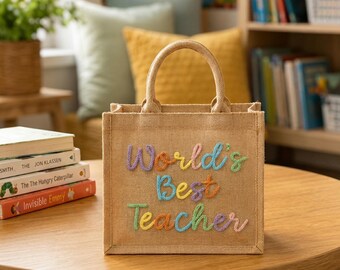 Custom Teacher Burlap Tote Bag, Personalized Name Teacher Bag, Back to School Bag