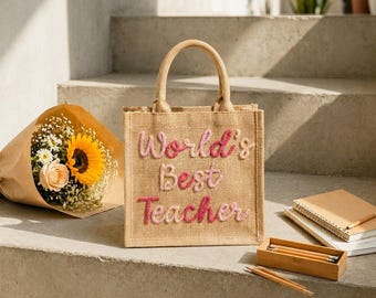Custom Crochet Name Burlap Bag, Personalized Jute Beach Tote, Cute Teacher Gift