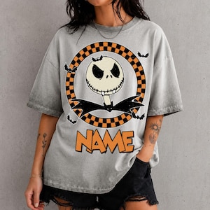 Custom Name Jack Skellington Gradient Washed Oversize Shirt, Vintage Checkered Board Nightmare Before Christmas Shirt, Disney Halloween 2026 image 2