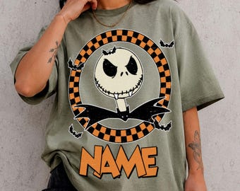 Custom Name Jack Skellington Gradient Washed Oversize Shirt, Vintage Checkered Board Nightmare Before Christmas Shirt, Disney Halloween 2026