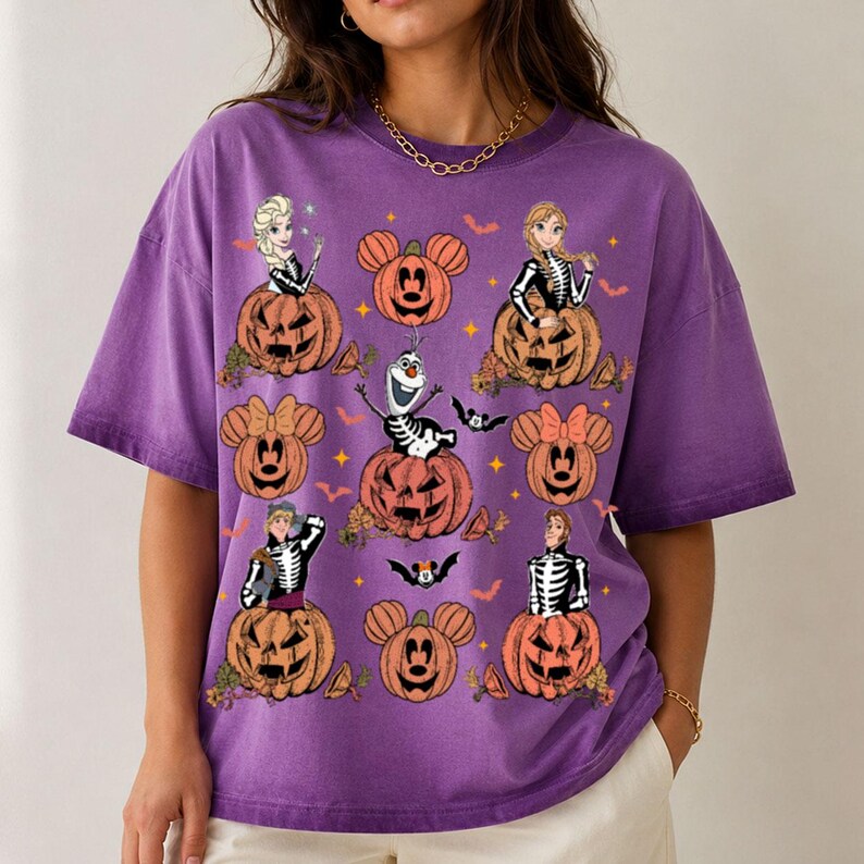 Frozen Mickey Pumpkin Gradient Washed Oversize T-Shirt, Elsa Anna Olaf Pumpkin Tee, Disney Halloween Oversize T-Shirt 画像 4