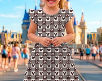 Mickey Checkeredboard Gingham Coffee Coquette Bow Ruffle Dress, Disney Athletic Dress, Disneyland Vacation Trip 2026