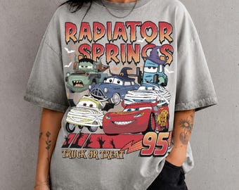 Lightning McQueen Spooky Gradient Washed Oversize T-Shirt, Truck or Treat Cars Tee, Disney Halloween Shirt