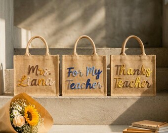 Personalized Teacher Book Bag, Burlap Jute Tote with Custom Crochet Name, Teacher Gift