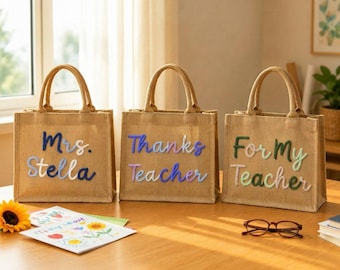 Personalized Jute Tote for Teachers, Custom Burlap Bag Crochet Name, Back to School Tote Bag