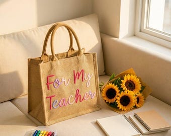 Personalized Teacher Burlap Crochet Teacher Tote Bag, Custom Name Burlap Bag with Crochet Letters, Cute Teacher Gift