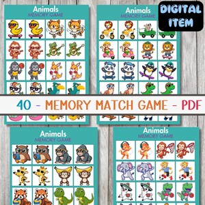Op de afbeelding: Vier kleurrijke memory match game kaarten met dieren. Elke kaart heeft een raster van geïllustreerde dieren, waaronder eenden, apen en panda's. De tekst "Animals Memory Game" en "40 - Memory Match Game - PDF" worden weergegeven.